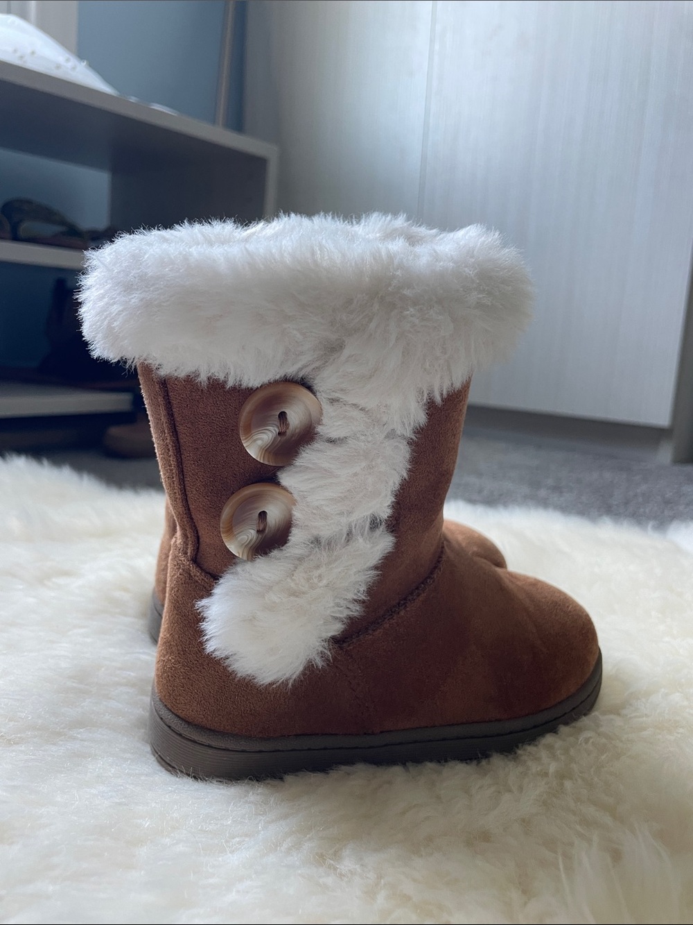 jumping beans Brown Faux-Suede Kids Boots with White Fur Trim